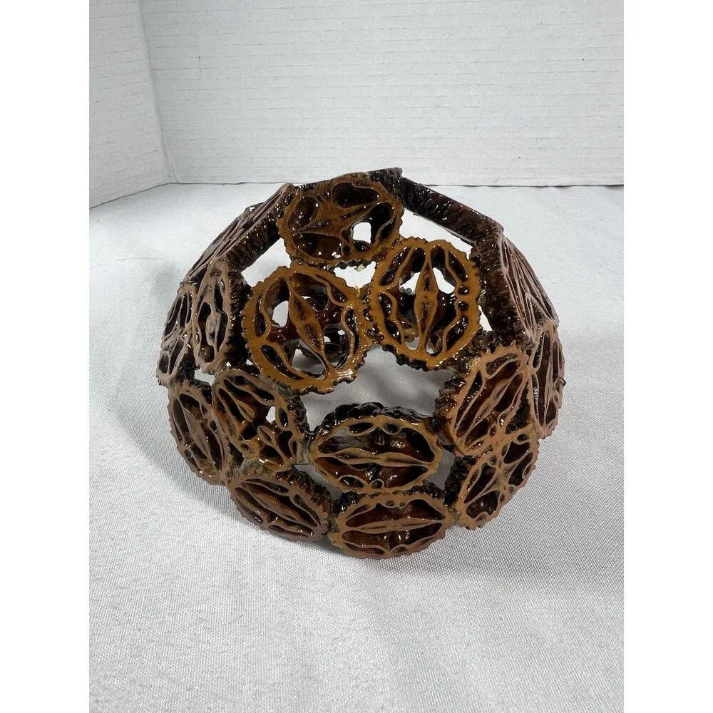Vintage Handcrafted Black Walnut Shell Mini Basket Folk Art w/ Handle 4.5”